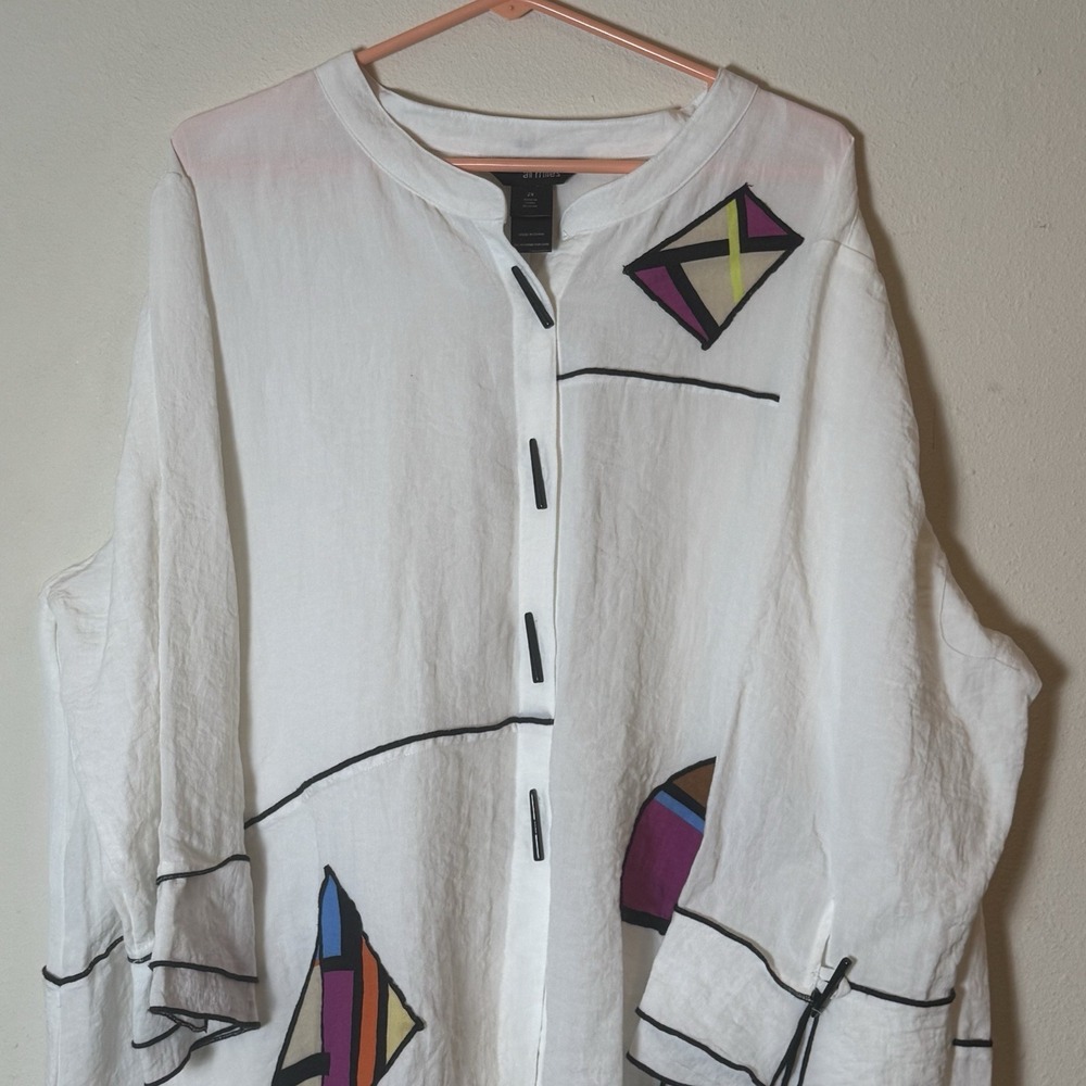 Ali Miles Womens 2X White Abstract Geometric Art Oversized‎ Button Shirt
